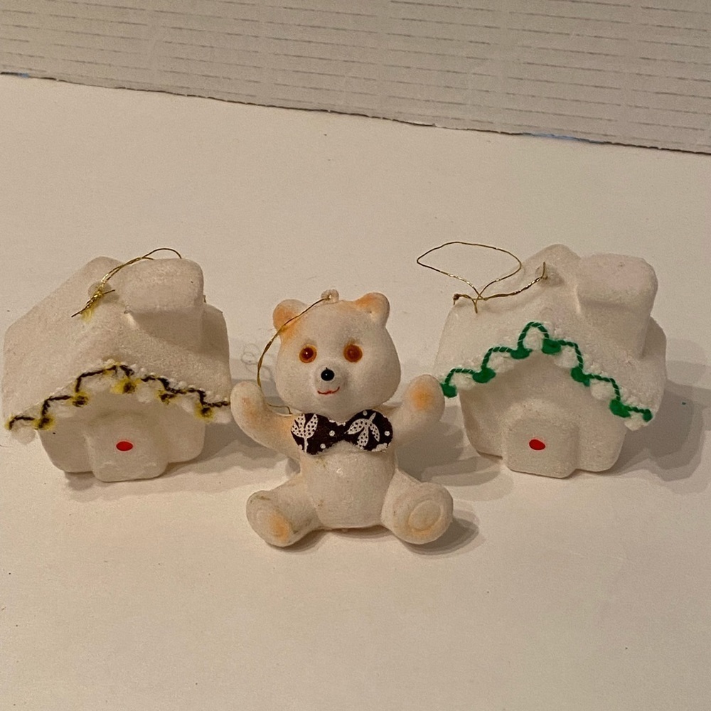 VTG Set of 3 Flocked white Christmas Ornaments 3” a bear and two houses